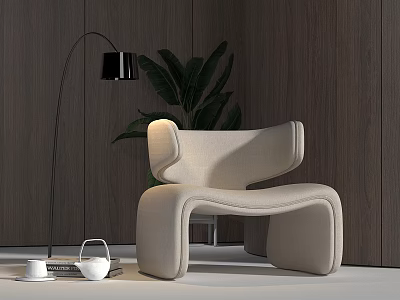 Modern Beige Single Sofa With Floor Lamp Green Plant Wooden Wall And Side Table 3d model