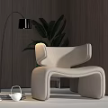 Modern Beige Single Sofa With Floor Lamp Green Plant Wooden Wall And Side Table