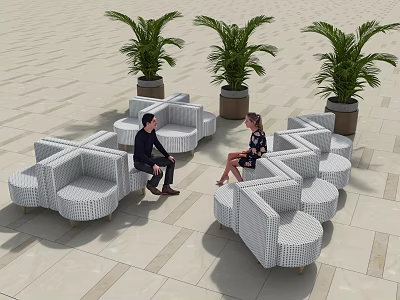 Modern Outdoor Public Chairs with Striped Design Green Plants and People Sitting on Stone Floor 3d model