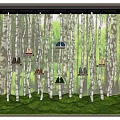 Shop Window Display Featuring White Birch Trees Green Grass And Hanging Shoes