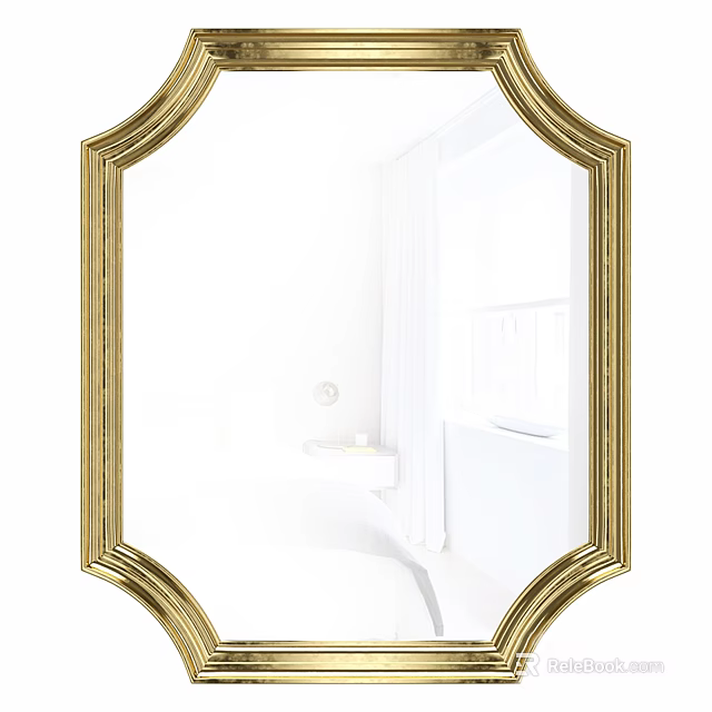 Elegant Gold Frame Decorative Mirror In Bathroom Reflecting White Bathtub And Window 3d model 
