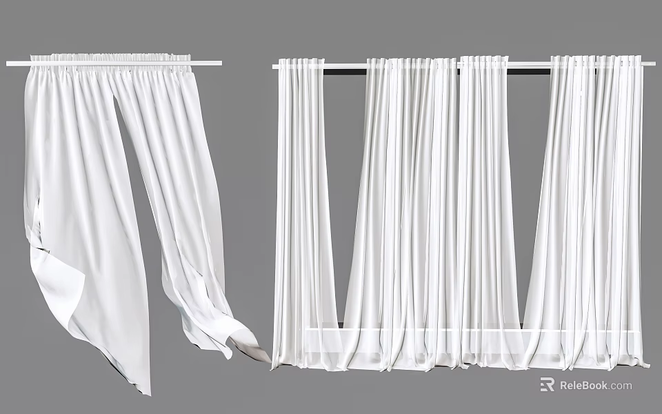 White Curtains With Different Styles Soft Fabric And Modern Design 3d model 
