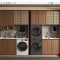 Modern Laundry Room Interior With Stacked Washers Wooden Cabinets And Sink