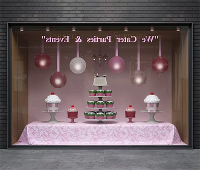 Cupcake Shop Window Display with Tiered Cupcake Tower Individual Cupcakes and Pink Hanging Ornaments 3d model