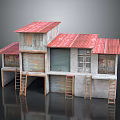 Vintage Building Structure With Red Roof Roller Shutters Windows And Ladders