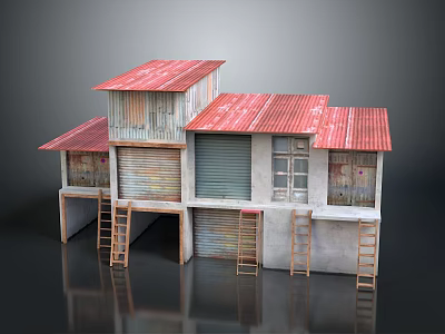 Vintage Building Structure With Red Roof Roller Shutters Windows And Ladders 3d model