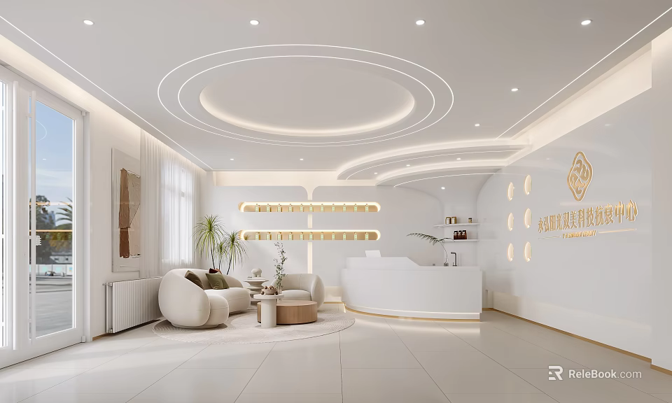 Modern Beauty Salon Interior With Reception Sofa Front Desk And Decorative Plants 3d model 
