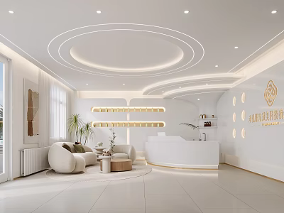 Modern Beauty Salon Interior With Reception Sofa Front Desk And Decorative Plants 3d model