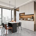 Modern Living and Dining Room With Beige Sofa Round Coffee Table Rug and Floor-to-Ceiling Windows