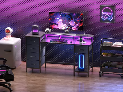 Gaming Setup With Purple Lighting Computer Monitor Desk Drawers Gaming Chair And Neon Poster 3d model