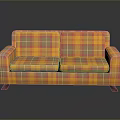 Plaid Patterned Two Seater Sofa In Orange And Yellow With Armrests And Wooden Legs