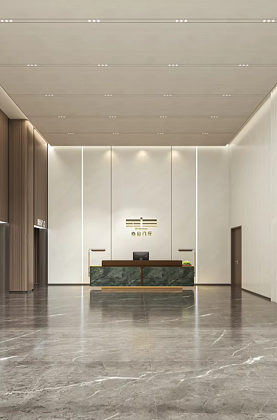 Contemporary Lobby Reception Area With Front Desk Elevators And Marble Floor 3d model