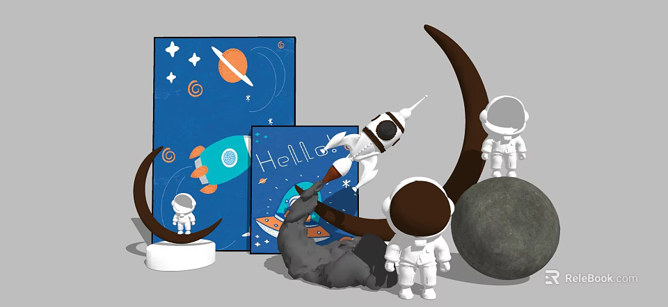 Space Themed Decorative Ornament Set with Astronaut Figures Rocket Model and Moon Decor 3d model