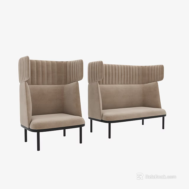 Pair of Beige Two Seater Sofas with Vertical Tufted Backrest and Black Legs 3d model
