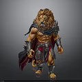 Mythical Lion Headed Warrior With Muscular Body Armor And Flowing Cloak Standing