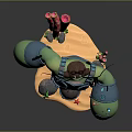 Mechanical Crab Creature With Green Body Blue Armor Sandy Base Red Star And Plants