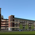 Red Brick Multi Story School Building Featuring Outdoor Courtyard Lush Green Trees And Students