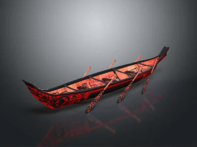 Handcrafted Traditional Canoe With Red Decorative Patterns And Wooden Paddles 3d model