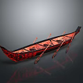 Handcrafted Traditional Canoe With Red Decorative Patterns And Wooden Paddles