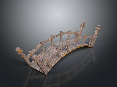 Rustic Wooden Arch Bridge Design with Weathered Planks and Ornate Railings for Gardens 3d model