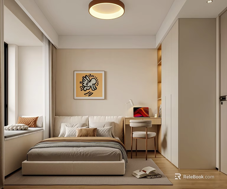 Elegant Beige Upholstered Double Bed In Warm Minimalist Bedroom With Desk Wardrobe And Bay Window 3d model 