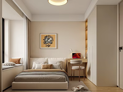 Elegant Beige Upholstered Double Bed In Warm Minimalist Bedroom With Desk Wardrobe And Bay Window 3d model