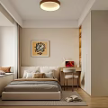 Elegant Beige Upholstered Double Bed In Warm Minimalist Bedroom With Desk Wardrobe And Bay Window
