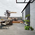 Roof Garden with Outdoor Dining Table Chairs Kitchen Counter Wooden Deck and Lush Plants