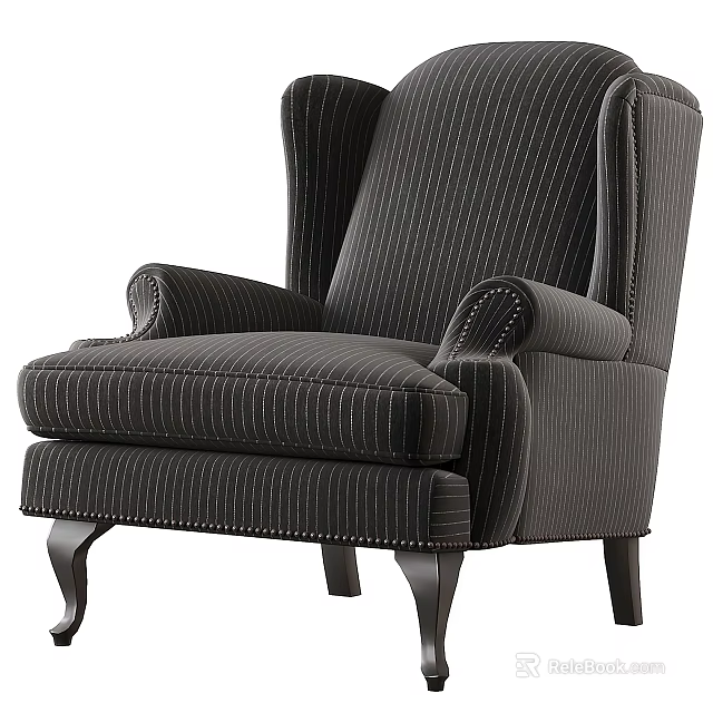 Classic Single Sofa With Striped Fabric Wooden Legs And Tufted Armrests 3d model 