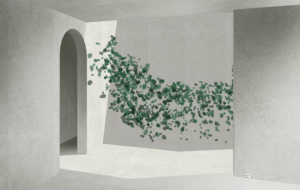 Dynamic Scattered Green Leaf Art Installation In Gray Toned Space With Archway And White Wall 3d model 