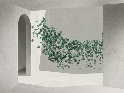 Dynamic Scattered Green Leaf Art Installation In Gray Toned Space With Archway And White Wall 3d model