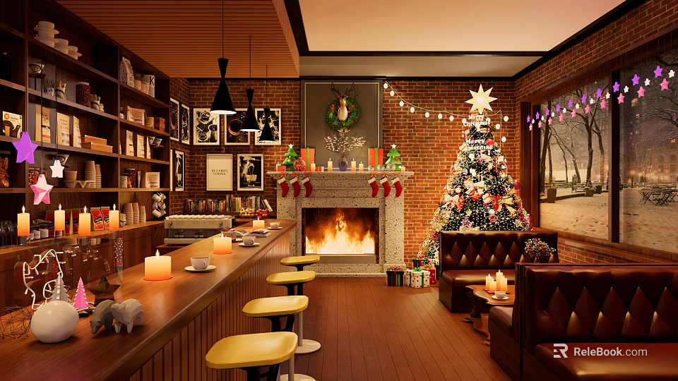 Cozy Christmas Themed Café Interior With Fireplace Leather Sofas And Decorations 3d model 