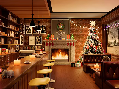 Cozy Christmas Themed Café Interior With Fireplace Leather Sofas And Decorations 3d model