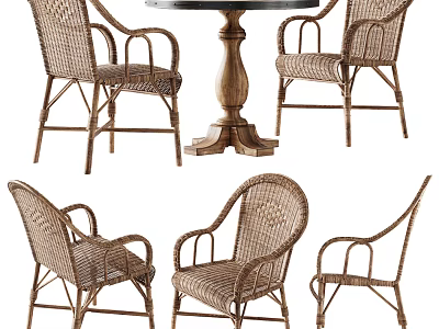 Wicker Rattan Chairs with Wooden Pedestal Table Dining Set Design 3d model