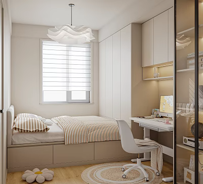 Modern Minimalist Tatami Bedroom Interior Design With White Blinds Pendant Light Wardrobes Desk And Chair 3d model