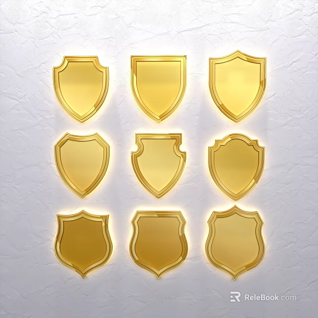 Gold Shield Shaped Wall Decor Arranged in Three Rows Three Columns on Light Wall 3d model 