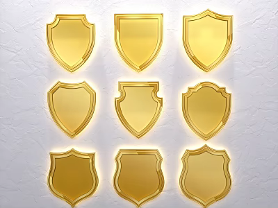 Gold Shield Shaped Wall Decor Arranged in Three Rows Three Columns on Light Wall 3d model