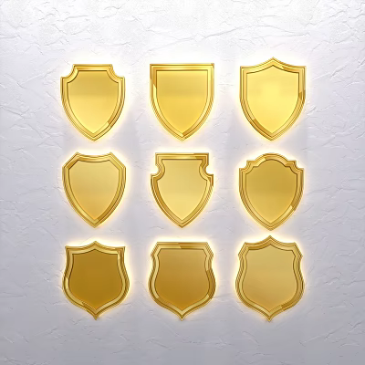 Gold Shield Shaped Wall Decor Arranged in Three Rows Three Columns on Light Wall 3d model