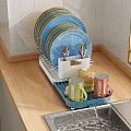 Colorful Tableware Set With Plates Utensils Mugs Teapot On Dish Rack Wooden Countertop