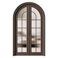 Dark Brown Arched Hinged Doors with Vertical Ribbed Glass Panels and Handles