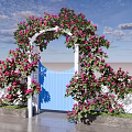 Vine Arch Adorned With Pink Flowers White Structure Blue Gate And Street Lamps