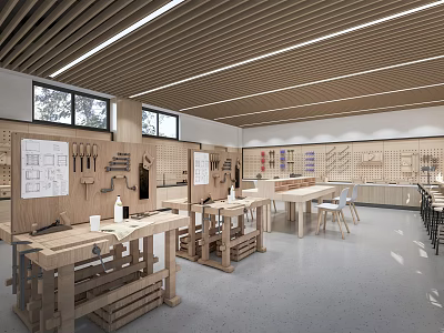 School Woodworking Workshop Interior With Workbenches Tools And Natural Light 3d model