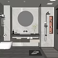 Modern Bathroom Interior Design With Round Backlit Mirror Vanity Counter And Glass Shower Enclosure