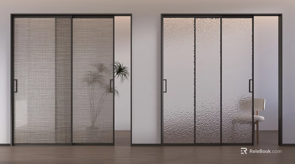 Modern Sliding Doors With Woven Texture And Frosted Glass In Black Frames Interior Design 3d model 