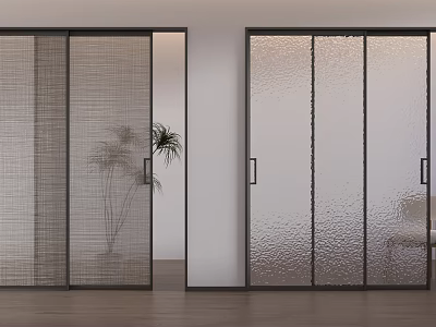 Modern Sliding Doors With Woven Texture And Frosted Glass In Black Frames Interior Design 3d model
