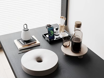 White Circular Inflatable With Central Hole On Black Tabletop With Books And Window Blinds 3d model