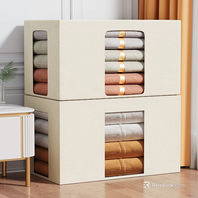 Fabric Cloth Storage Boxes With Neatly Stacked Clothes At Home 3d model