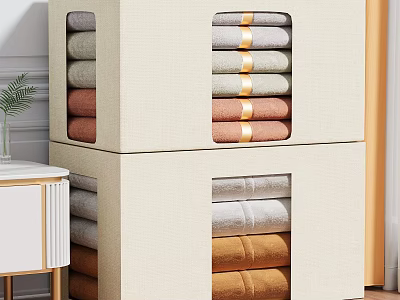 Fabric Cloth Storage Boxes With Neatly Stacked Clothes At Home 3d model