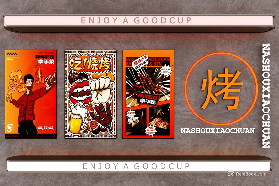 Decorative Neon Lights For Grill Shop With Comic Style Posters And Beer Elements 3d model 