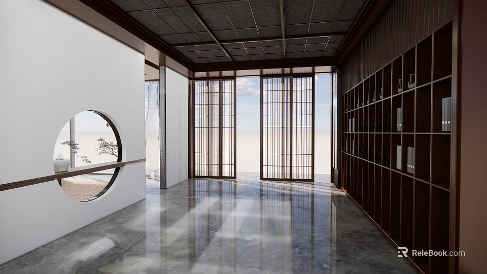 Modern Open Tea Room With Wooden Lattice Doors Round Window Marble Floor And Bookshelves 3d model 